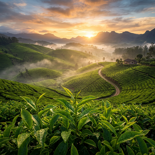 Lush green tea estates stretching across the hills of Sri Lanka