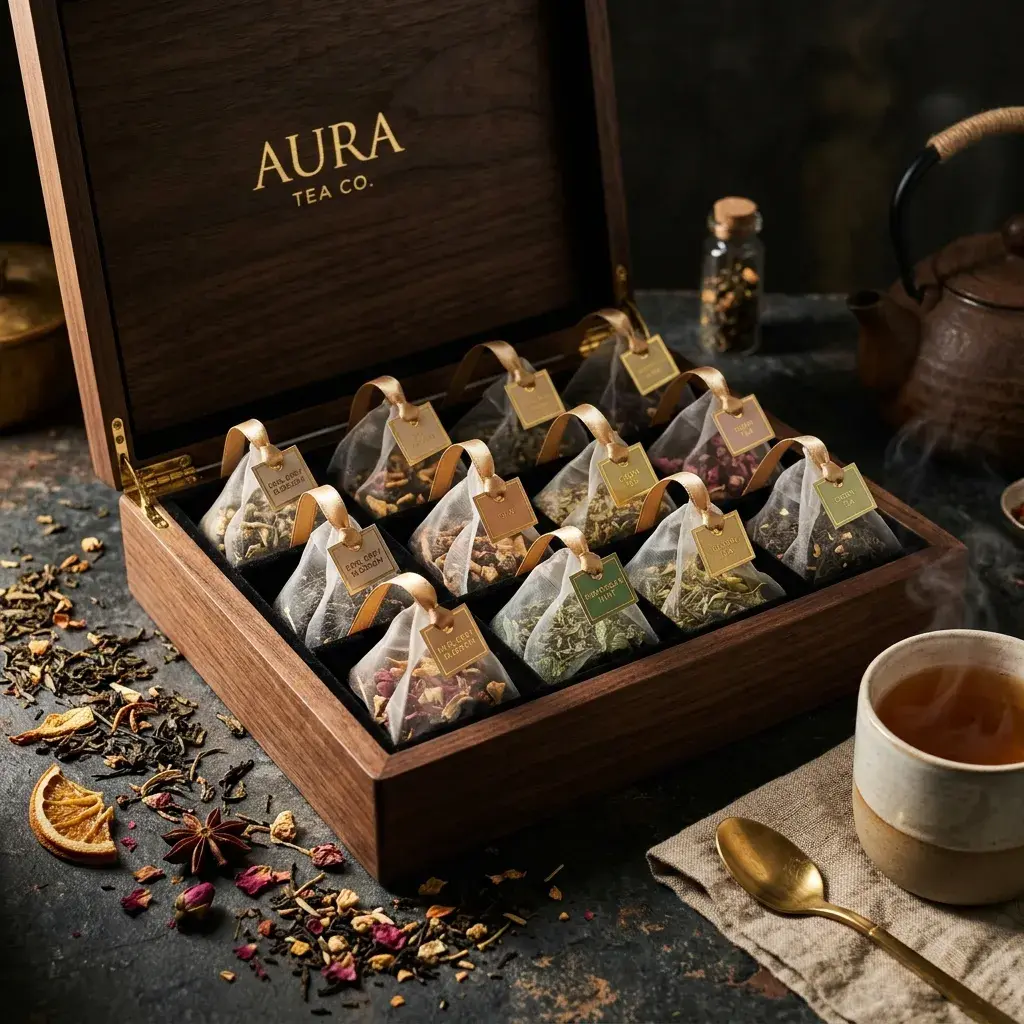 Premium Ceylon tea bags packaging — string and tag, pyramid silken bags